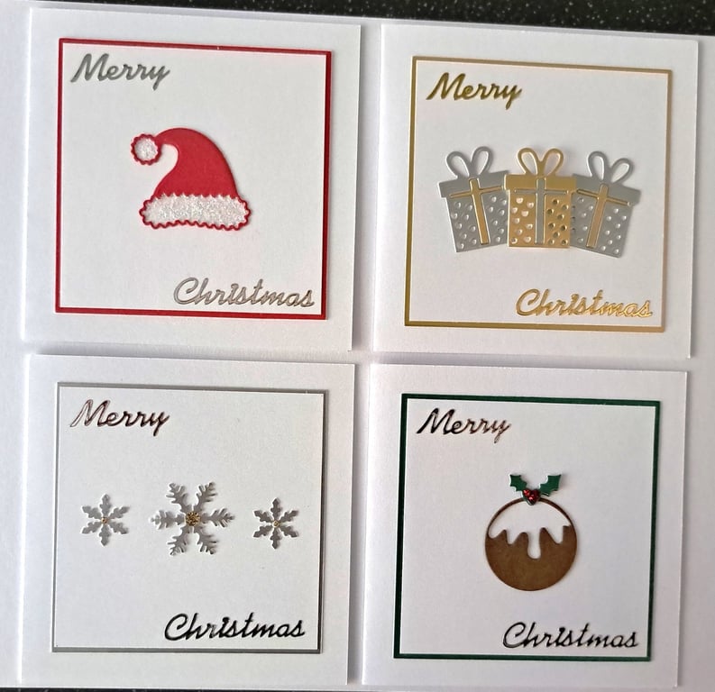 Set of 4 Christmas Cards – Santa Hat, Presents, Snowflakes & Pudding - 4x4 Inch 