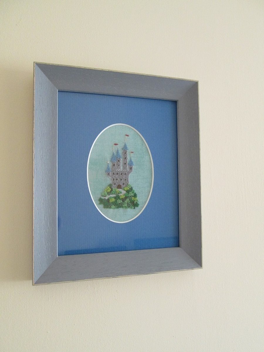 Tiny Fairy Tale Castle Hand Embroidered Picture, Textile Art