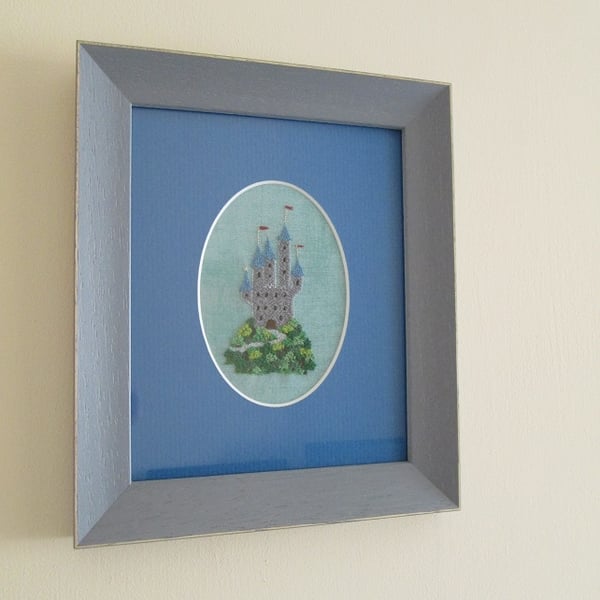 Tiny Fairy Tale Castle Hand Embroidered Picture, Textile Art