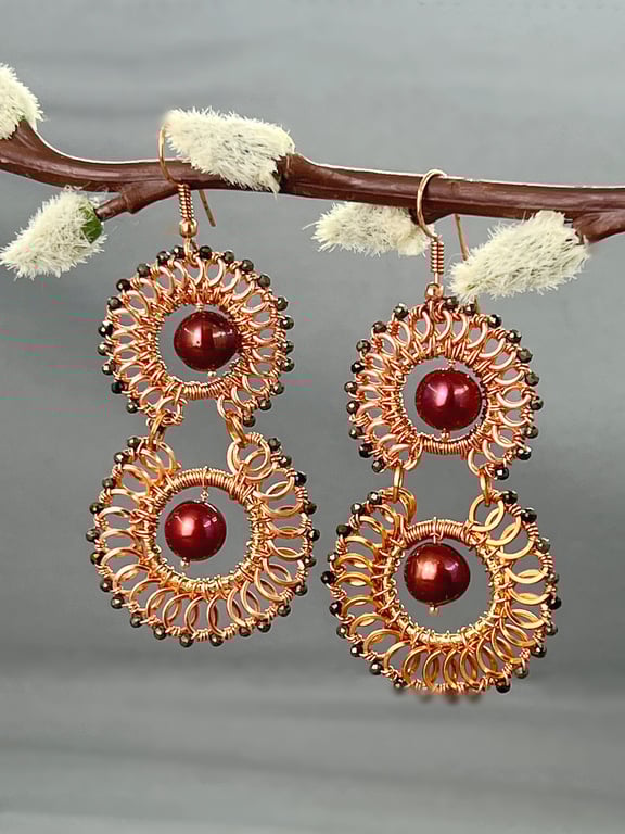 Copper Spiral Coil Earrings With Cultured Pearls & Pyrite