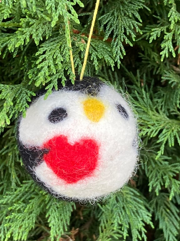Set of 2 needle-felted wool penguin bauble decorations.