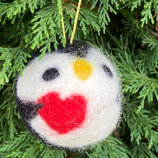 Set of 2 needle-felted wool penguin bauble decorations.