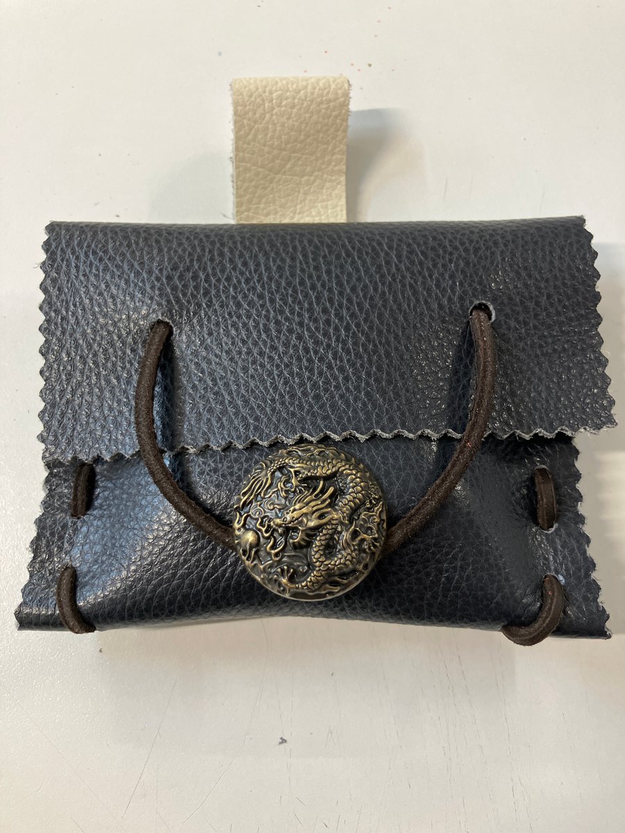 Small Pouch - Navy Blue Leather Medieval Style - Dragon closure FREE SHIP