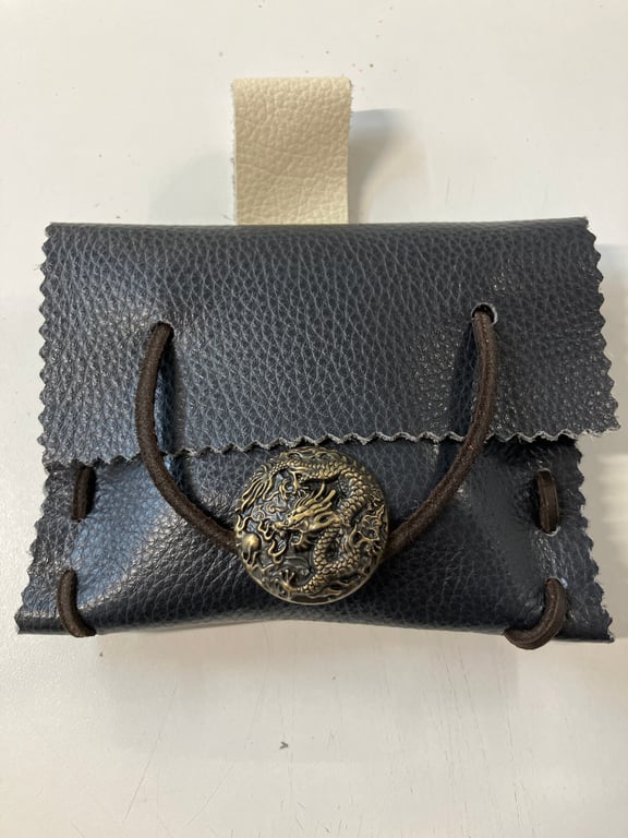Small Pouch - Navy Blue Leather Medieval Style - Dragon closure FREE SHIP