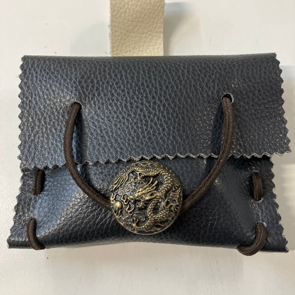Small Pouch - Navy Blue Leather Medieval Style - Dragon closure FREE SHIP