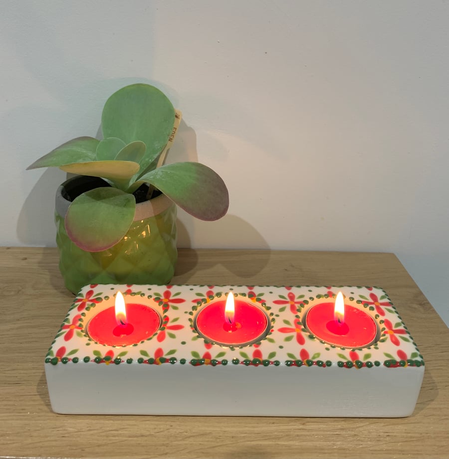 Hand Painted Ceramic Trio Tea light Holder, Triple Pottery Christmas candle