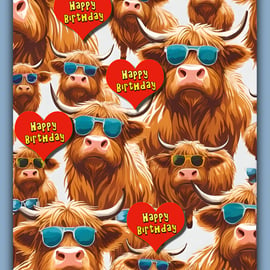 Fun Happy Birthday Lots of Highland Cows In Sunglasses Card A5