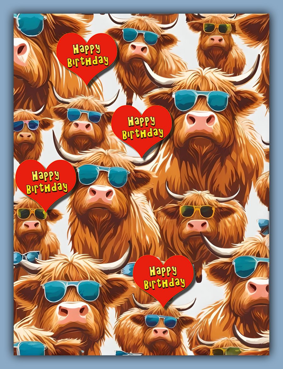 Fun Happy Birthday Lots of Highland Cows In Sunglasses Card A5