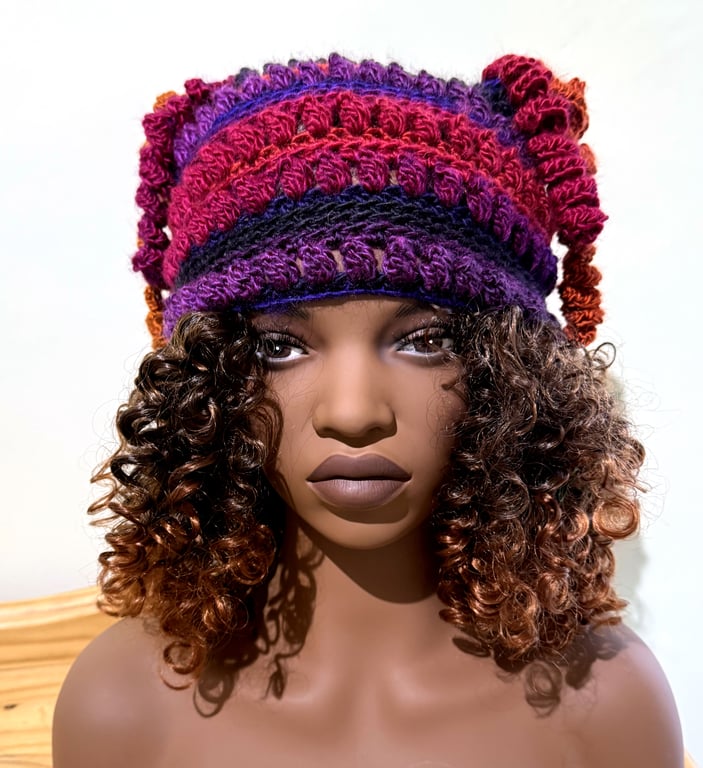 Winter Warmer Hat Hand Crochet Beanie with tassel detail in purple blue red