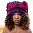 Winter Warmer Hat Hand Crochet Beanie with tassel detail in purple blue red