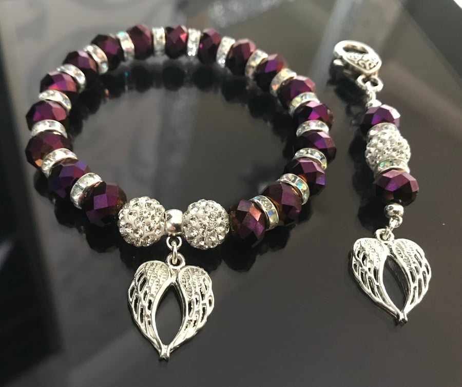 Super Sparkly Purple Shamballa Angel Wings Bracelet & Matching Bag charm