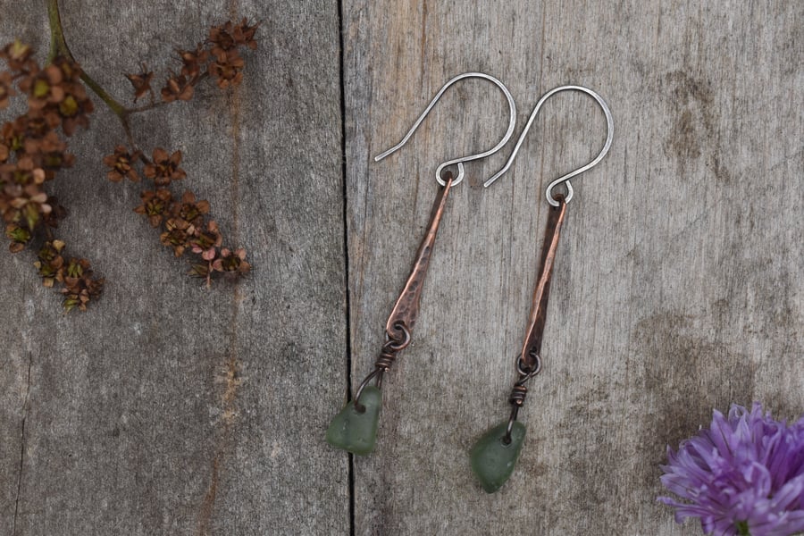 Scottish Sea Glass, Copper and Recycled Sterling Silver Drop Earrings