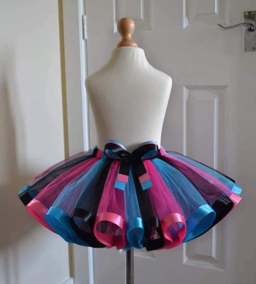Girl's Black, Hot Pink & Aqua Tutu Skirt - Ages From 0-6 Months to 6-7 Years UK 