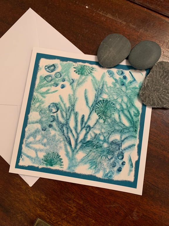 Original gelli print seaweed greetings card on handmade paper