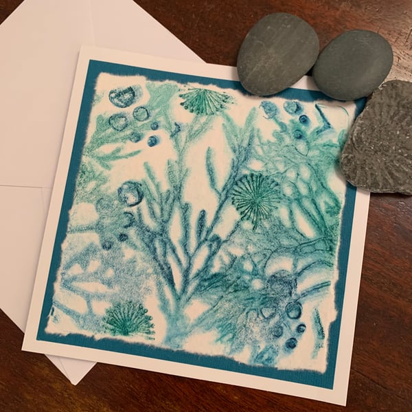 Original gelli print seaweed greetings card on handmade paper