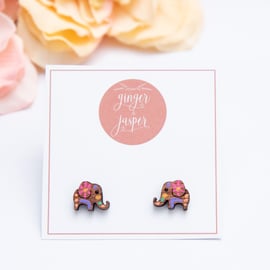 Hand Painted Wooden Elephant Earrings, Elephant Studs, Wood Earrings, Elephants