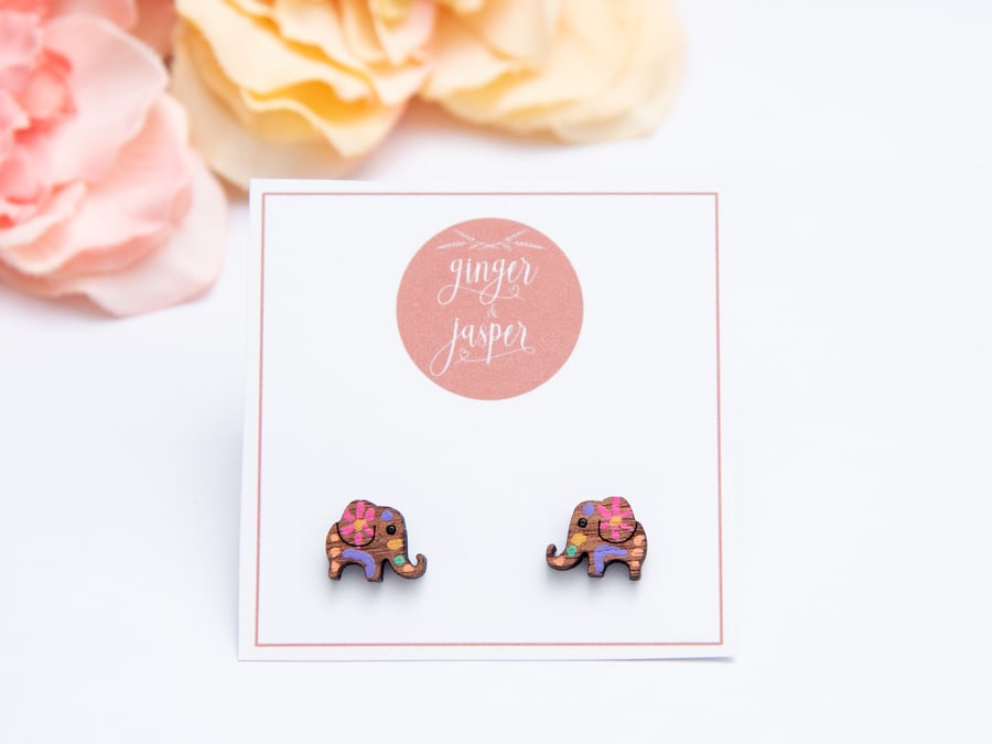 Hand Painted Wooden Elephant Earrings, Elephant Studs, Wood Earrings, Elephants