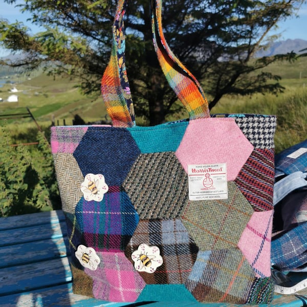 Harris Tweed Hexagonal patchwork shopper bag with bee buttons