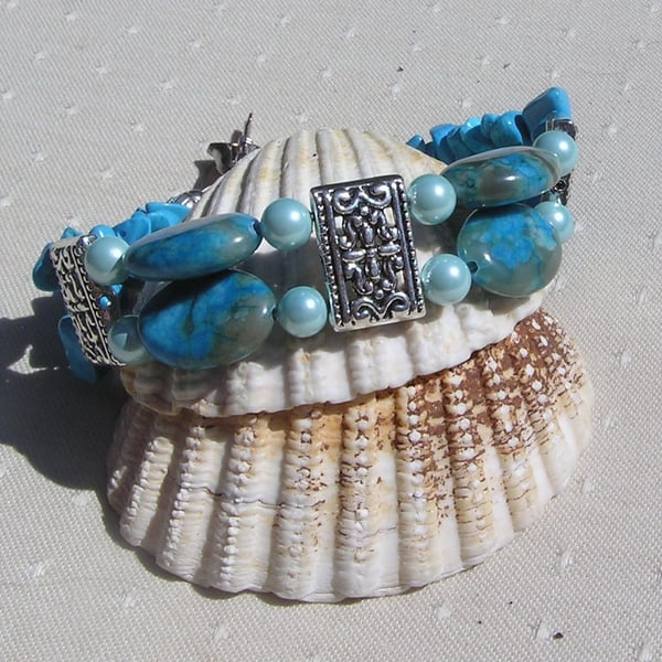 Blue Agate, Howlite & Shell Pearl Chunky Gemstone Crystal Bracelet "Cassia"