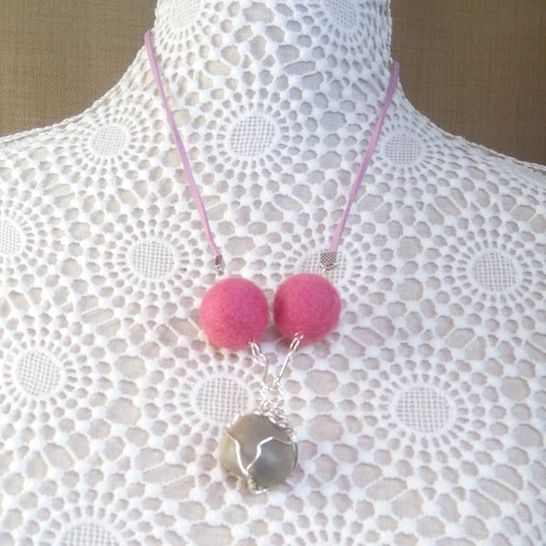 buff natural stone, pink felt balls, silver plated copper wire necklace