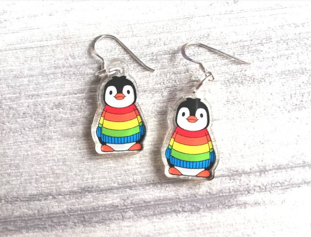 Rainbow Penguin Earrings, Sterling Silver Hooks