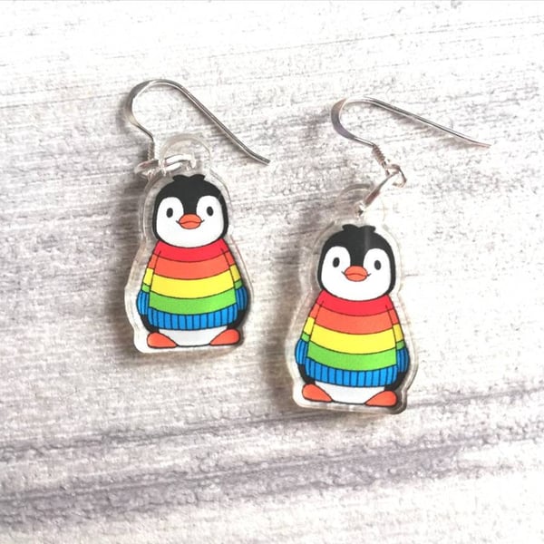 Rainbow Penguin Earrings, Sterling Silver Hooks