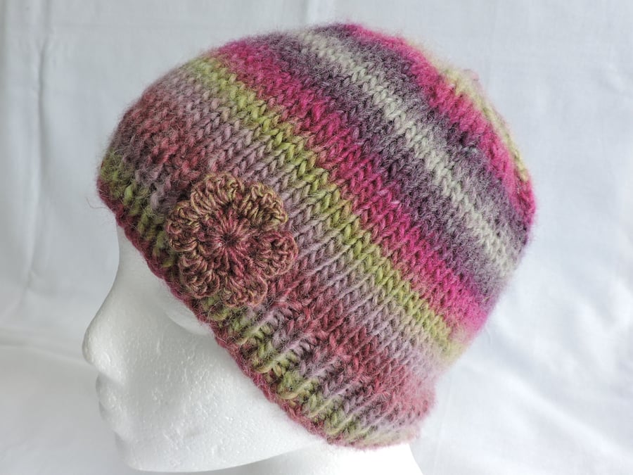 Beanie Hat Knitted in a Chunky Yarn  Adults Purple Rose Sage Pink Green