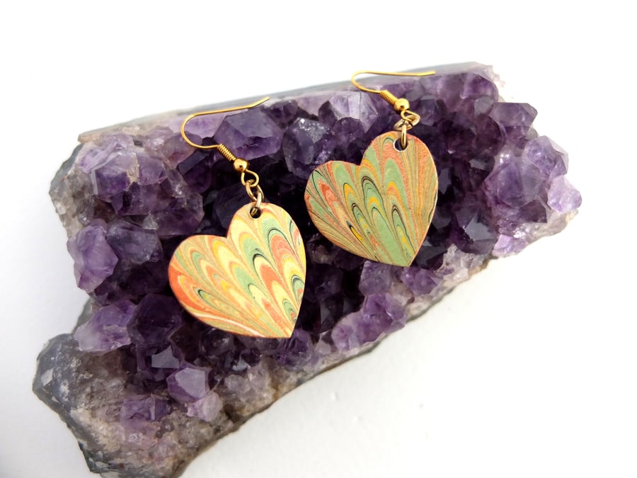 Gold and copper marbled paper wood heart earrings gold plated findings