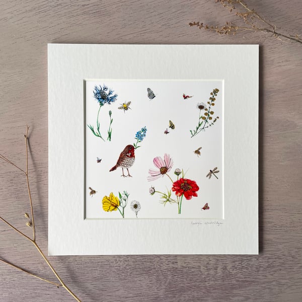 'Wildflower Robin' 8" x 8" Mounted Print