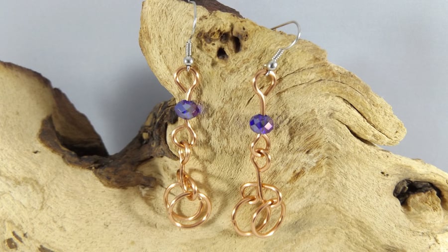 Copper dangle earrings with blue swarovski crystal