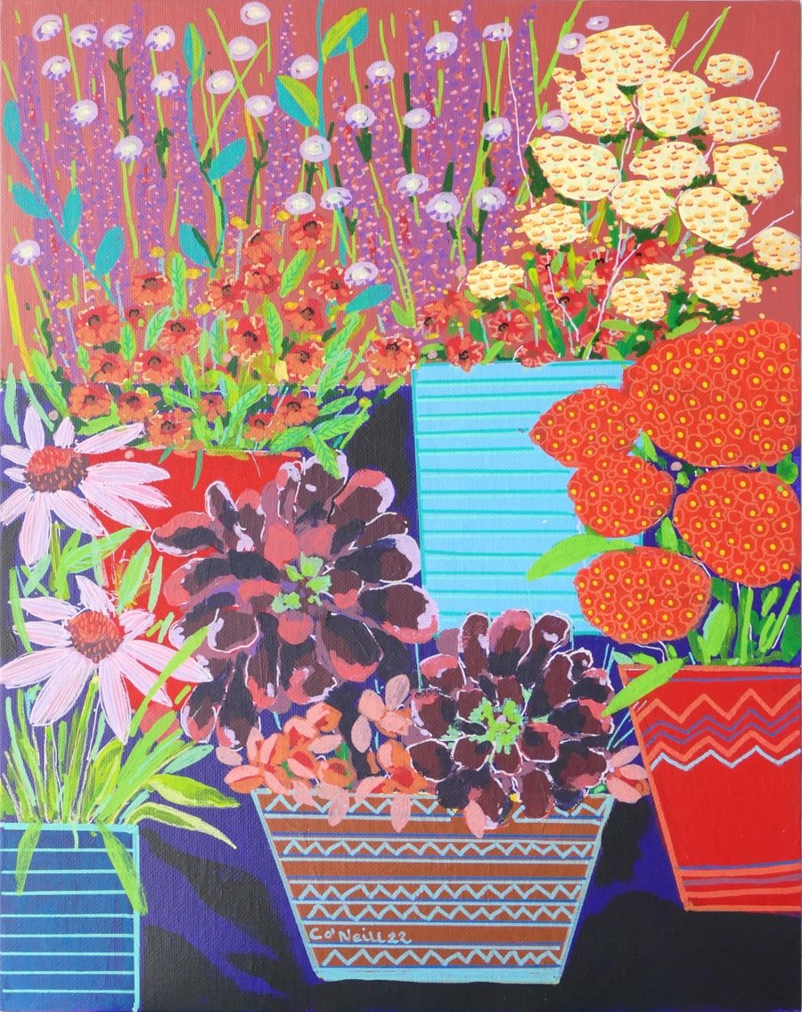 Flower Pot Pop - Acrylic Gouache and Pen Floral Painting Original art