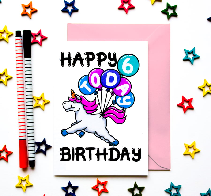 6th Birthday Card, Unicorn Birthday Card, Girls Sixth Birthday Card, Niece