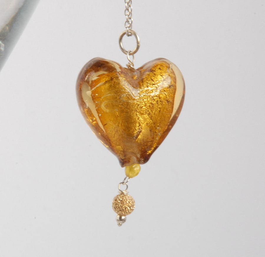 Golden yellow silver foil heart pendant (valentines)