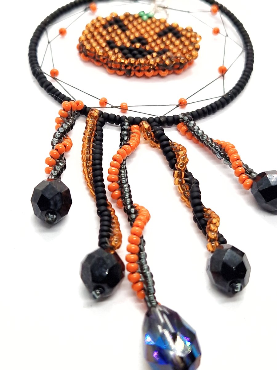 Small halloween pumpkin beaded dreamcatcher hanging decoration