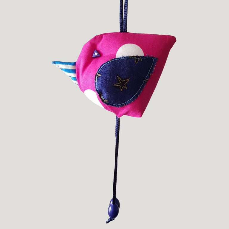 Pink Polka Dot Hanging Fabric Bird Ornament - Navy Star Wing