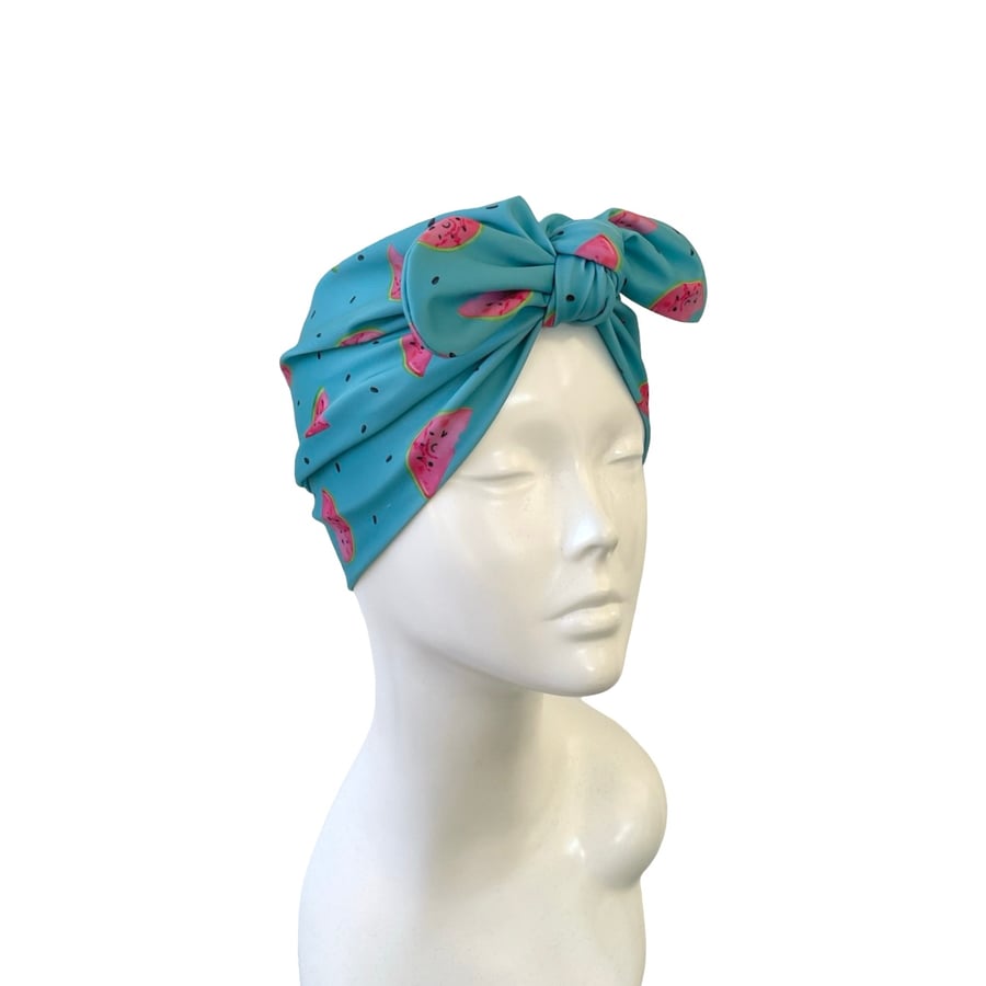 Summer Turban Head Wrap, Watermelon Print Swim Cap, Beach Turban, SPF 50 Hat