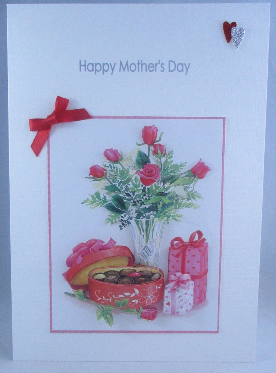 Handmade Mother's Day Greeting Card, chocolates, roses, 3D, Decoupage
