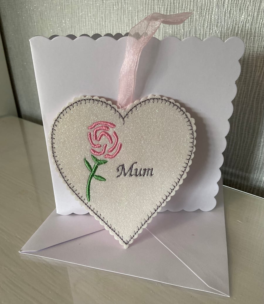 Handmade Mother's Day Card with embroidered heart hanger