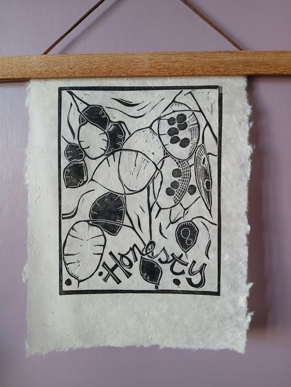 'Honesty', Lino Print in Black on Natural Lokta Paper