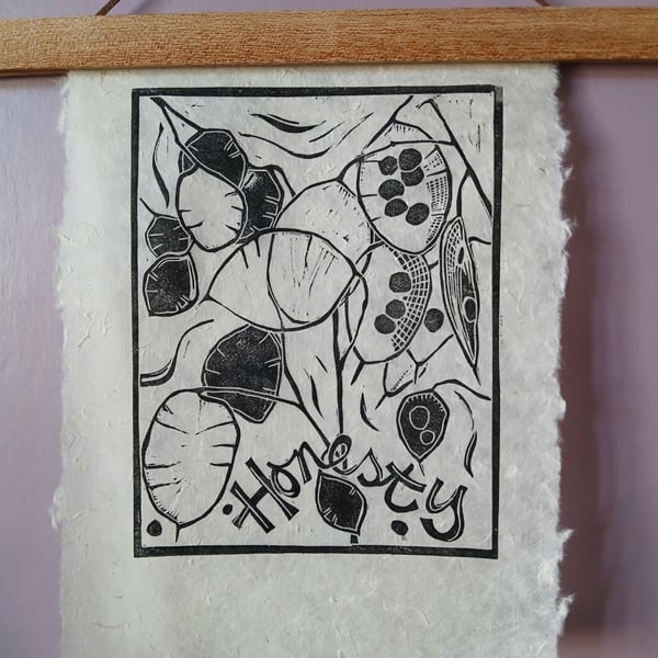 'Honesty', Lino Print in Black on Natural Lokta Paper