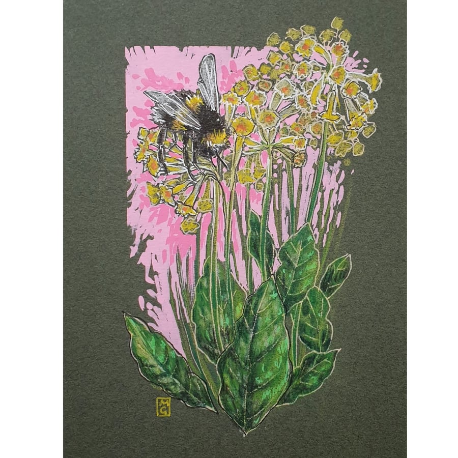 Bee with Cowslips original drawing, insect wall art, small artwork