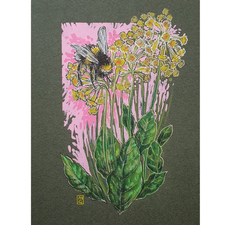 Bee with Cowslips original drawing, insect wall art, small artwork