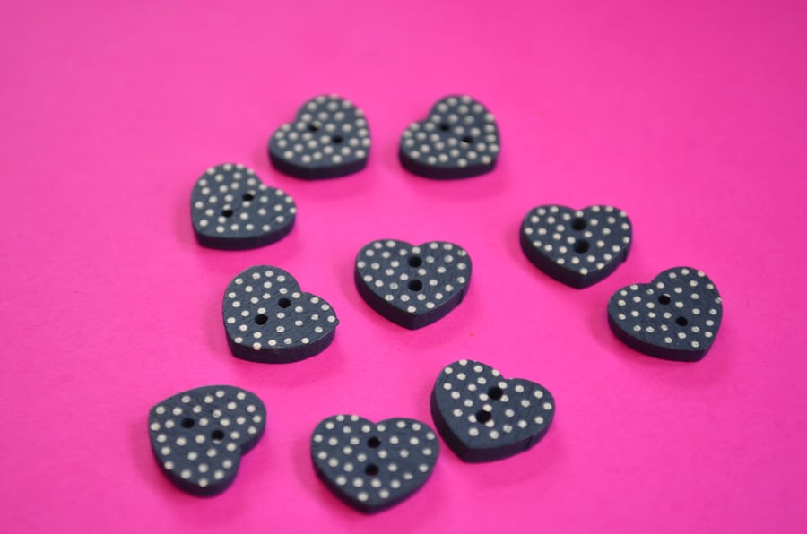 Little Wooden Dotty Heart Buttons Navy Blue 10pk Spotty Dot  13x15mm (WH7)