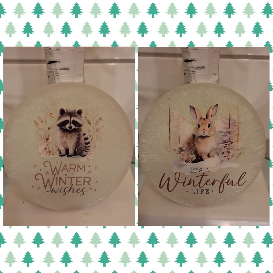 Gorgeous handmade Winter Wildlife  Set of 2 resin coasters Christmas coasters, C