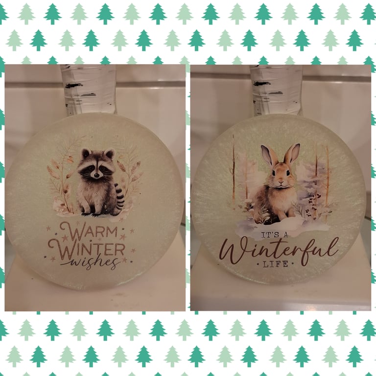 Gorgeous handmade Winter Wildlife  Set of 2 resin coasters Christmas coasters, C