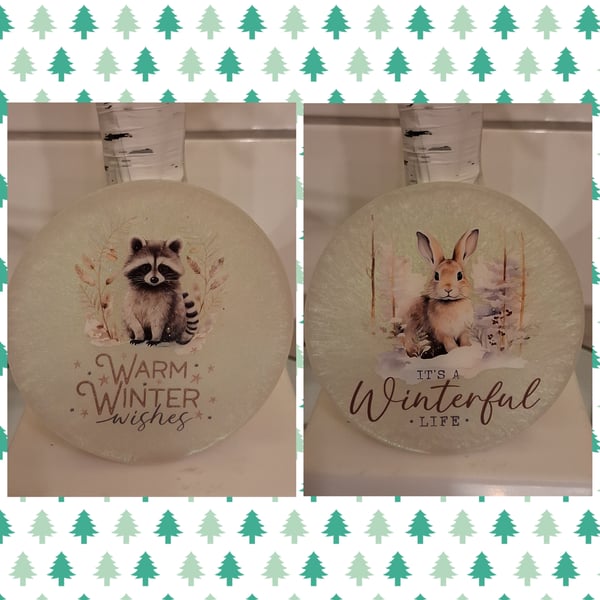 Gorgeous handmade Winter Wildlife  Set of 2 resin coasters Christmas coasters, C