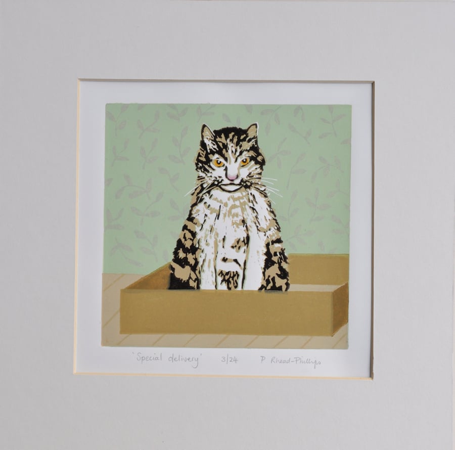 Special Delivery - Original - Handmade - Cat - Lino print. 