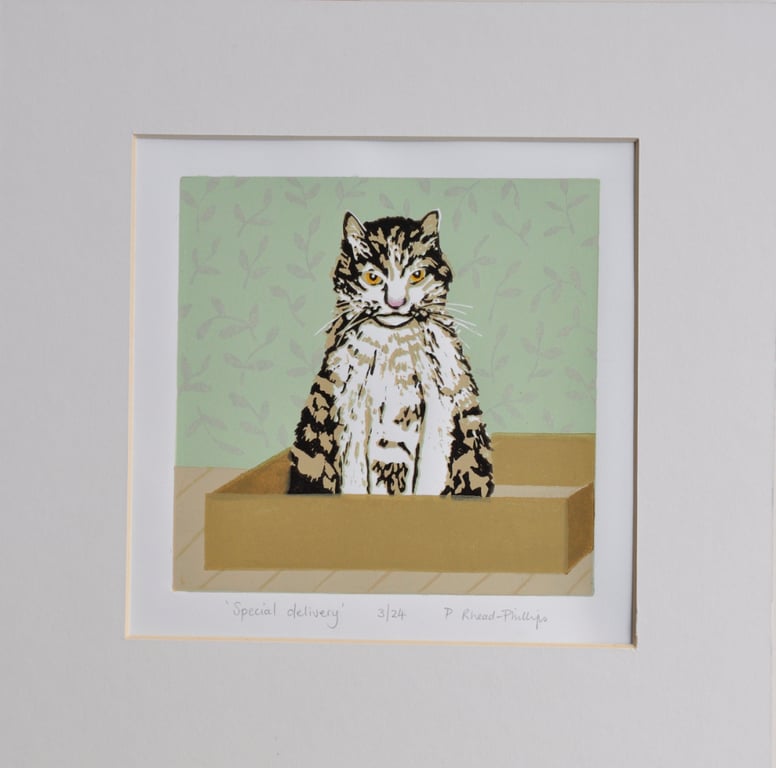 Special Delivery - Original - Handmade - Cat - Lino print. 
