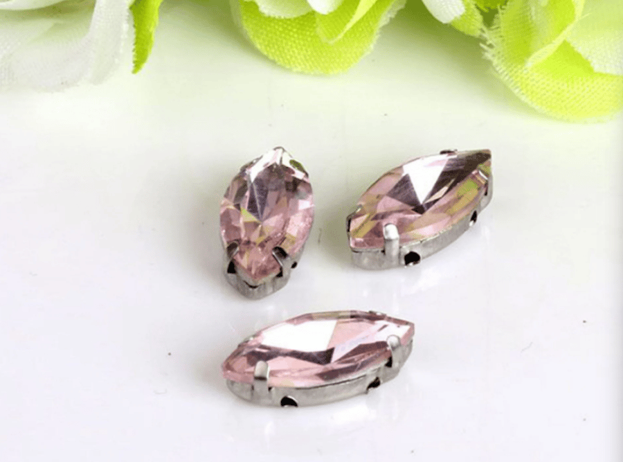 (S18S pink) 50 Pcs, 5 x 10mm Sew On Crystal Horse Eye Beads, Glass Leaf 