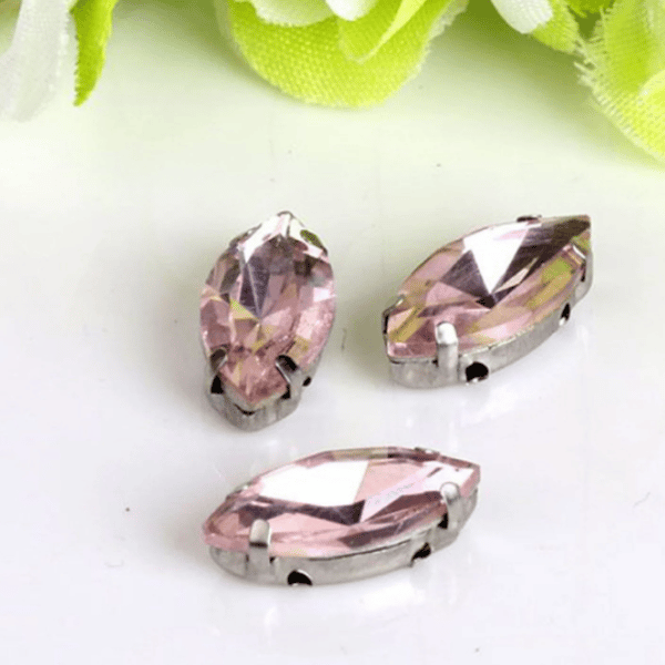 (S18S pink) 50 Pcs, 7 x 15mm Sew On Crystal Horse Eye Beads, Glass Leaf 